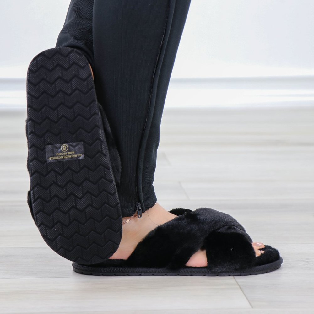 Cross Strap Black Puff Fuzzy Furry Fluffy Slip On Plush Slippers - Picture 8 of 12